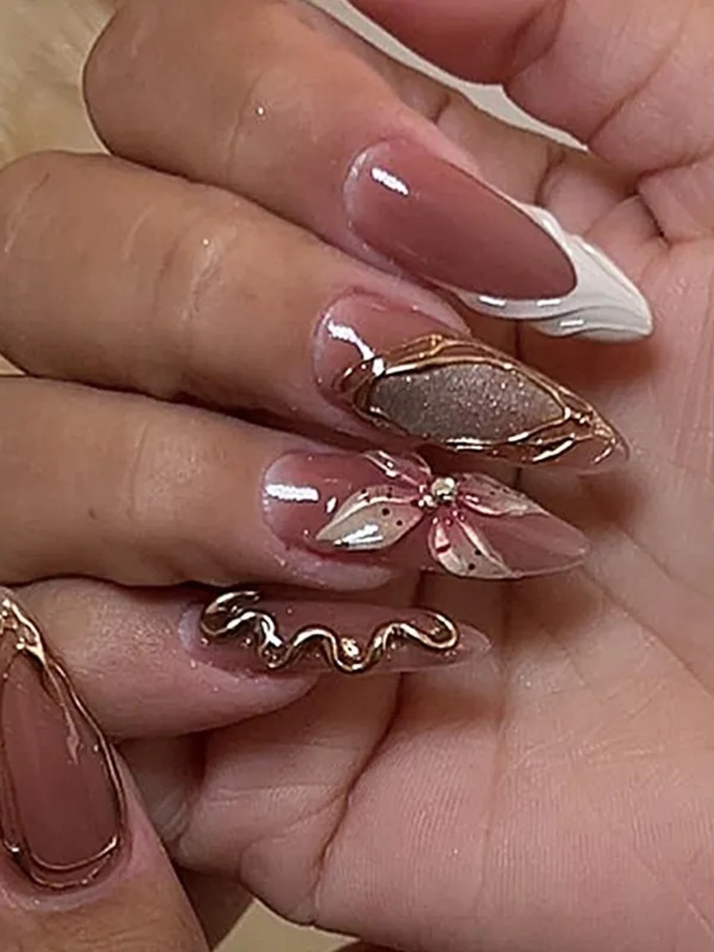 Luxury Nude Pink Floral Press-On Nails with Gold Accents